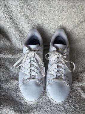 Adidas: Grand Court Tennis Shoes, white & gold, size 11